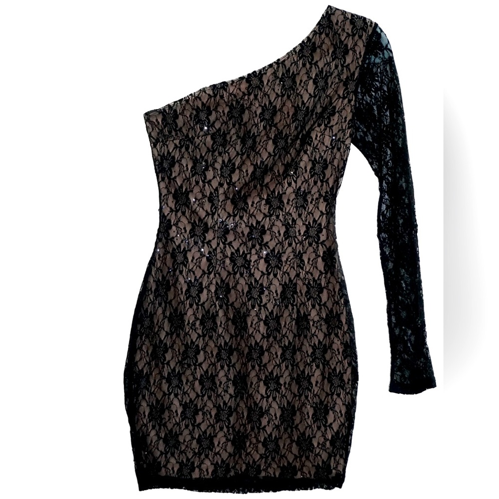 One shoulder off the shoulder long sleeve black lace Bodycon dress. Size S/P.
